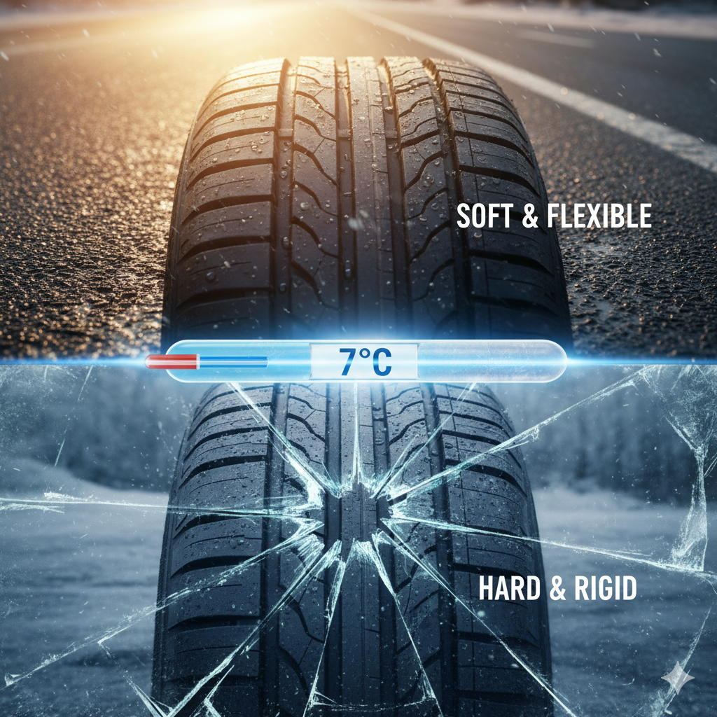 Visual comparison showing an All-Season tire's rubber as soft and flexible above 7°C versus hard and rigid with cracking below 7°C, indicating loss of grip in cold weather.