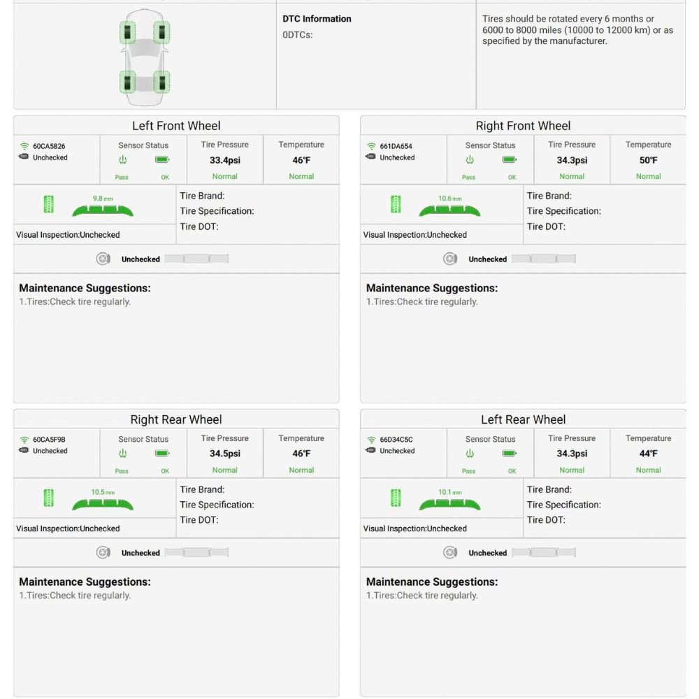Digital tire health report showing tread depth, tire pressure, and TPMS status from a free tire health check in North Vancouver