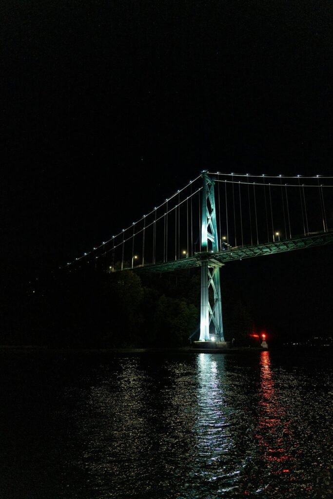 Lions Gate Bridge at night — evening tire installs across the North Shore by The Tire Valet